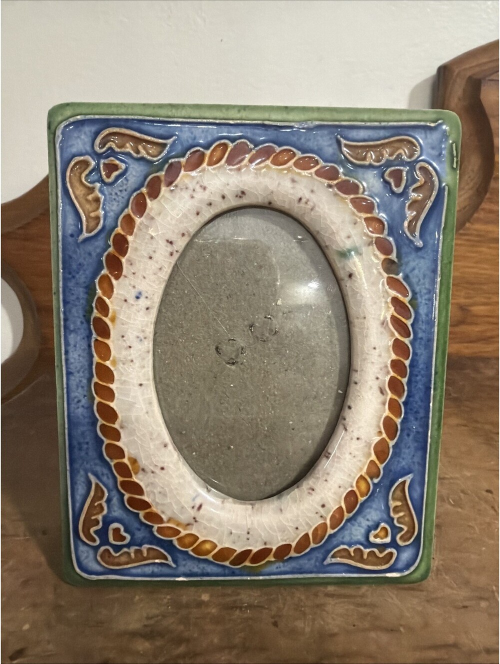 VTG Ceramic Folk Art Handpainted Picture Frame Fits 2.5x3” Picture Art Easel Bac